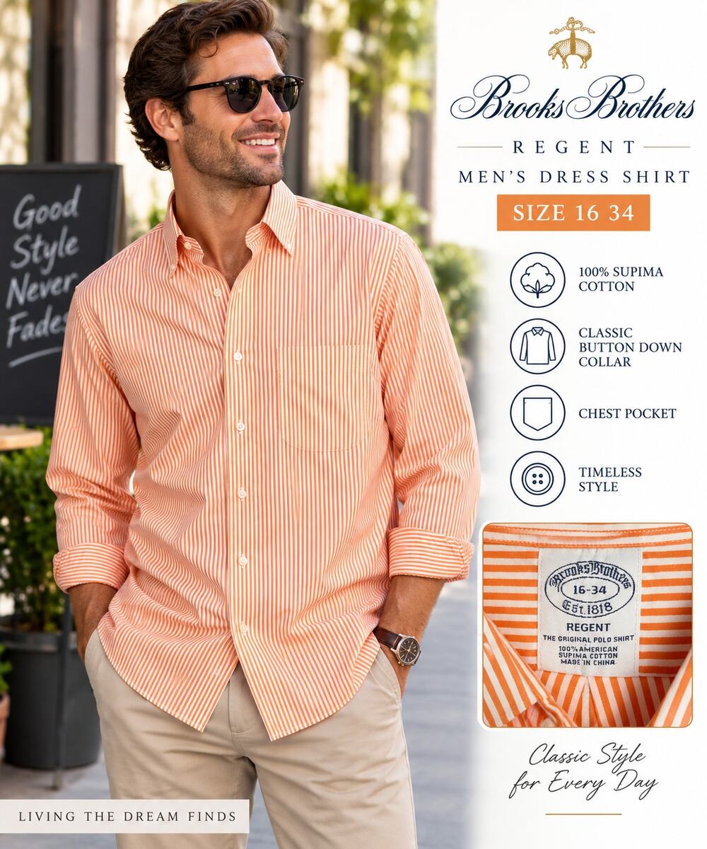 Brooks Brothers Regent Men’s 16 34 Orange White Stripe 100% Cotton Dress Shirt